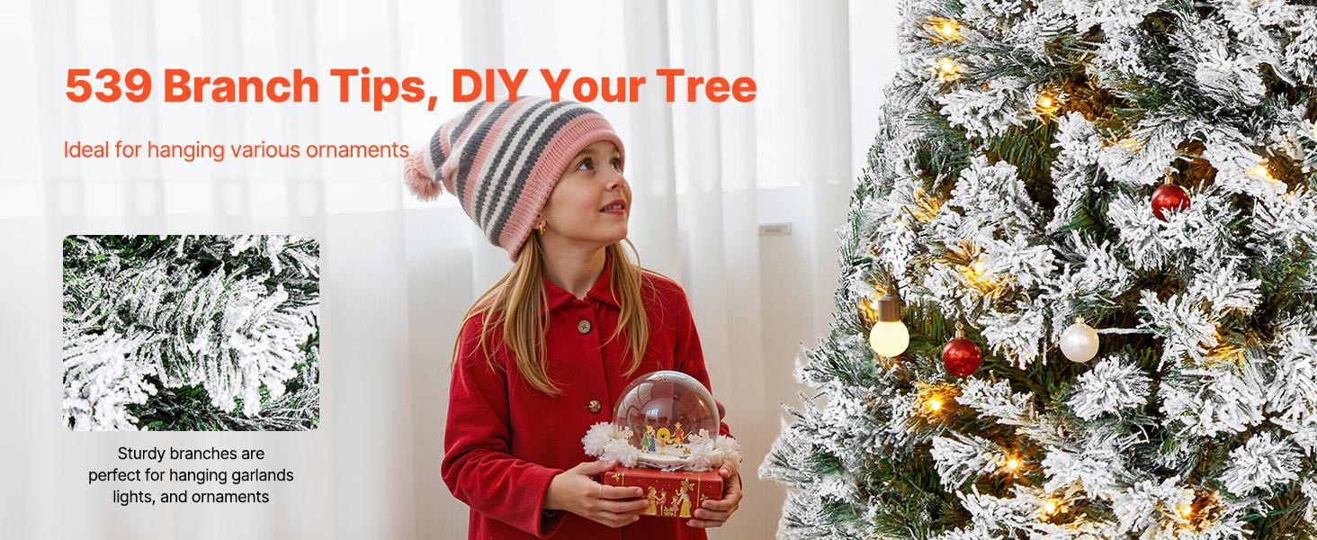 VEVOR Christmas Tree, 4ft Prelit Flocked Artificial Tree, Full Holiday Xmas Deco Trees with 120 Warm White LED Lights, 8 Lighting Modes 539 Branch Tips for Home Party Office Decoration