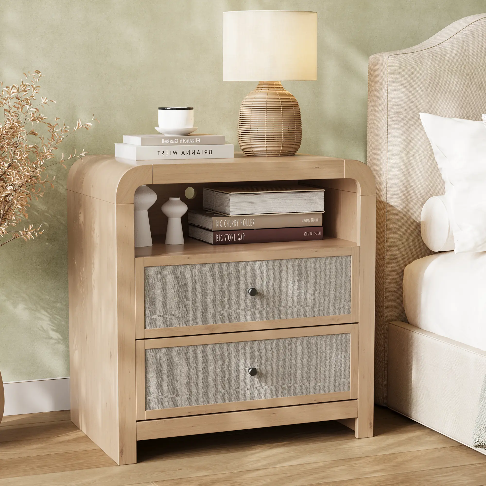 23 in Modern Wooden Nightstand with Charging Station, 2 Drawers & Open Shelf - Pre-Assembled Indoor Furniture for Bedroom, Living Room