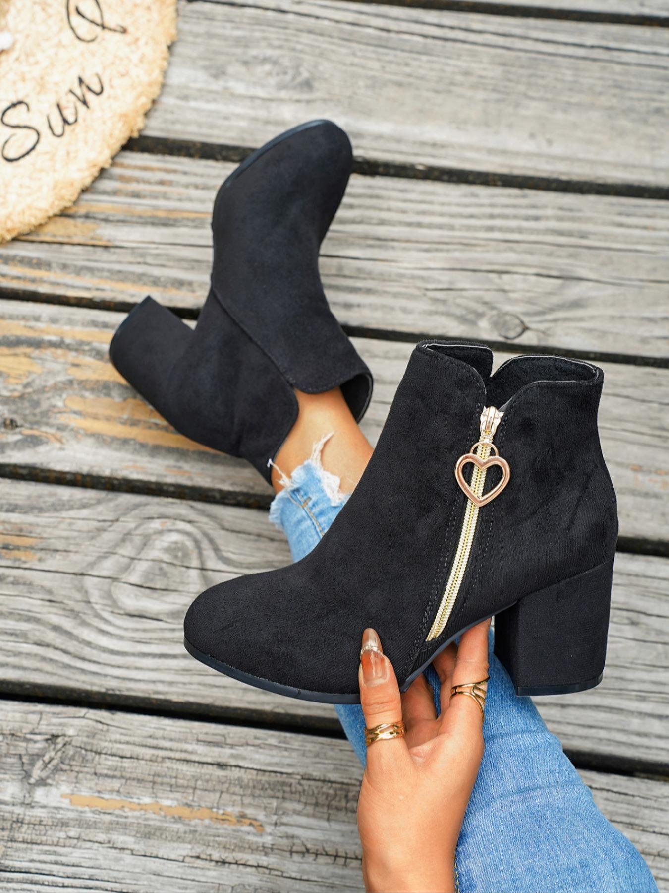 Women's Velvet Heart Zipper Chunky Heel Short Boots, Metal Heart Zipper, Faux Leather, Square Heel, Perfect for Sweet Office Style, Spring Fall