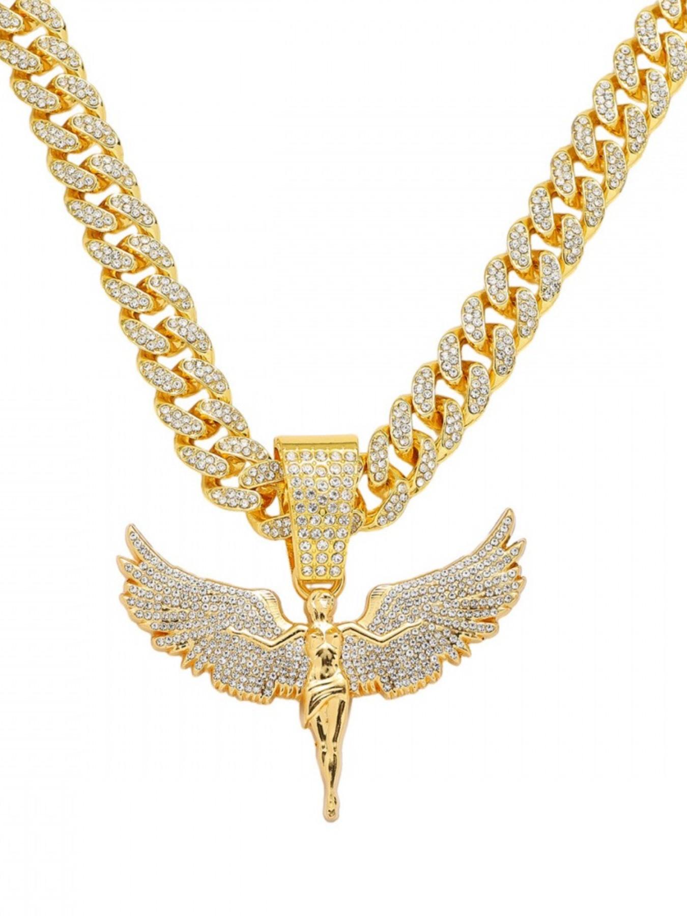 American Rap Style Large Wing Angel Pendant, Full Diamond Wide Cuban Chain, Cuban Link Design, Unique Men's Bling Necklace, Fashion Jewelry Accessory