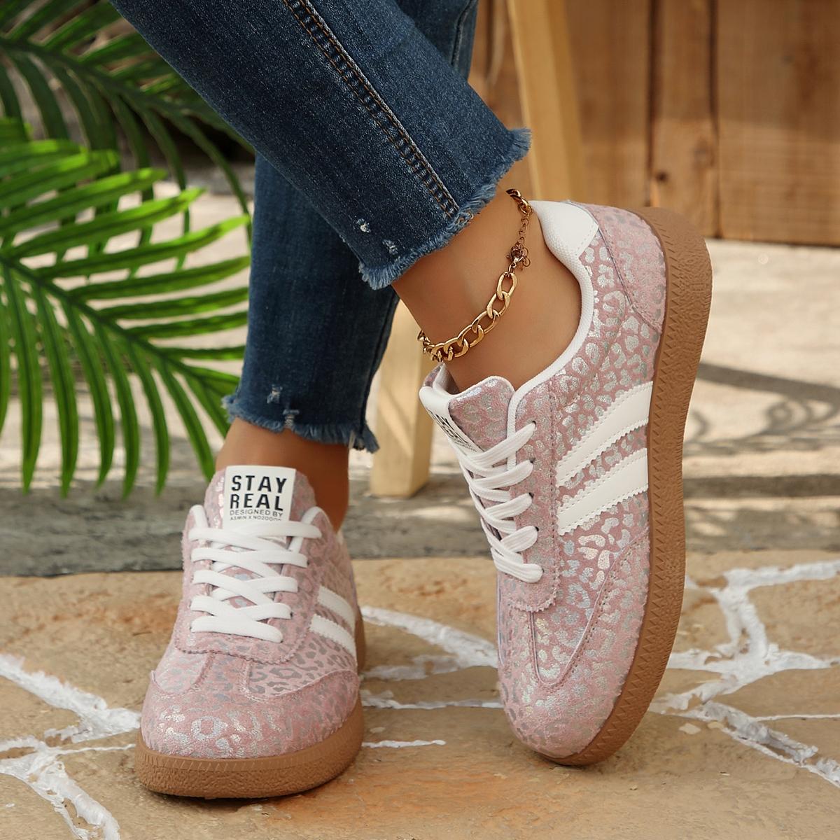 Vintage Leopard Print Sneakers, Pink/Blue, Comfortable Shoes for Commute & Shopping