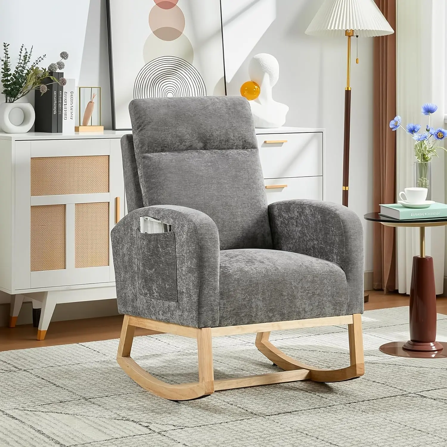 Mid Century Modern Ergonomic Rocking Armchair - Soft Fabric, Contoured Backrest, Armrest, Side Pockets, Curved Legs, Reinforced Frame, 300lbs Capacity Contemporary Indoor Furniture for Nursery Mothers & Living Room, Dining Chair Compatible, Elegant Accent