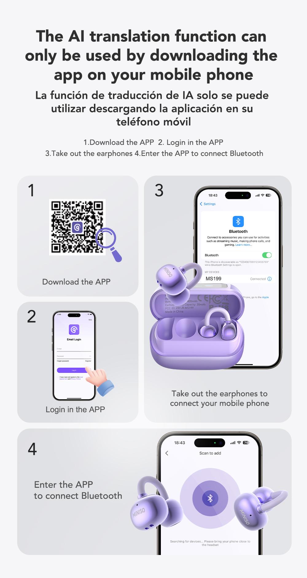 MINISO MS199 Translation Clip On Ear Headphones Full Color Touch Screen, Audio Wireless Headphones Support 135 Languages Real Time Bluetooth Translation Built-in Microphone for Music & Phone Calls,Sport Waterproof & Sweatproof