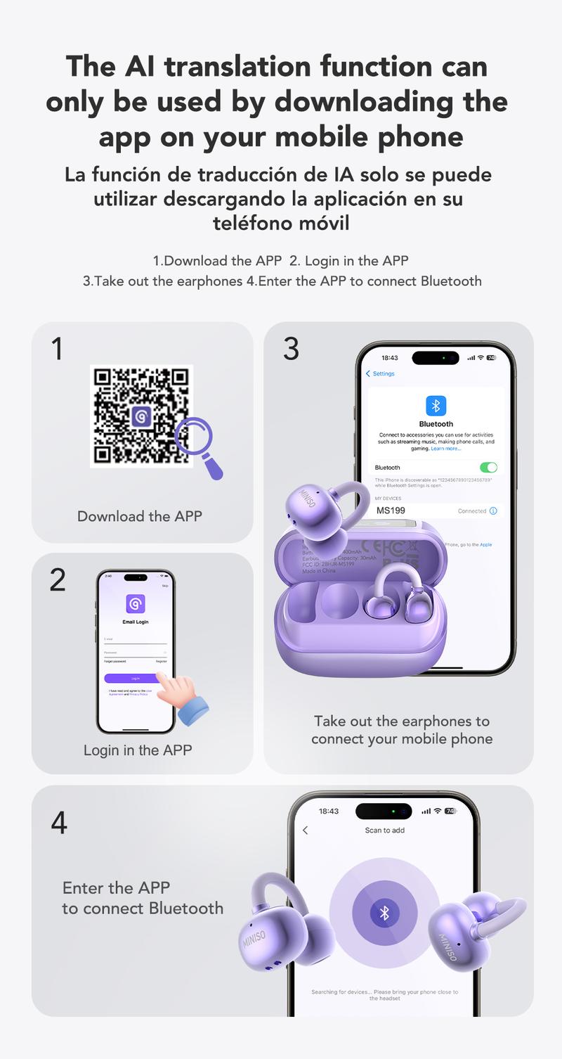 MINISO MS199 Translation Clip On Ear Headphones Full Color Touch Screen, Audio Wireless Headphones Support 135 Languages Real Time Bluetooth Translation Built-in Microphone for Music & Phone Calls,Sport Waterproof & Sweatproof