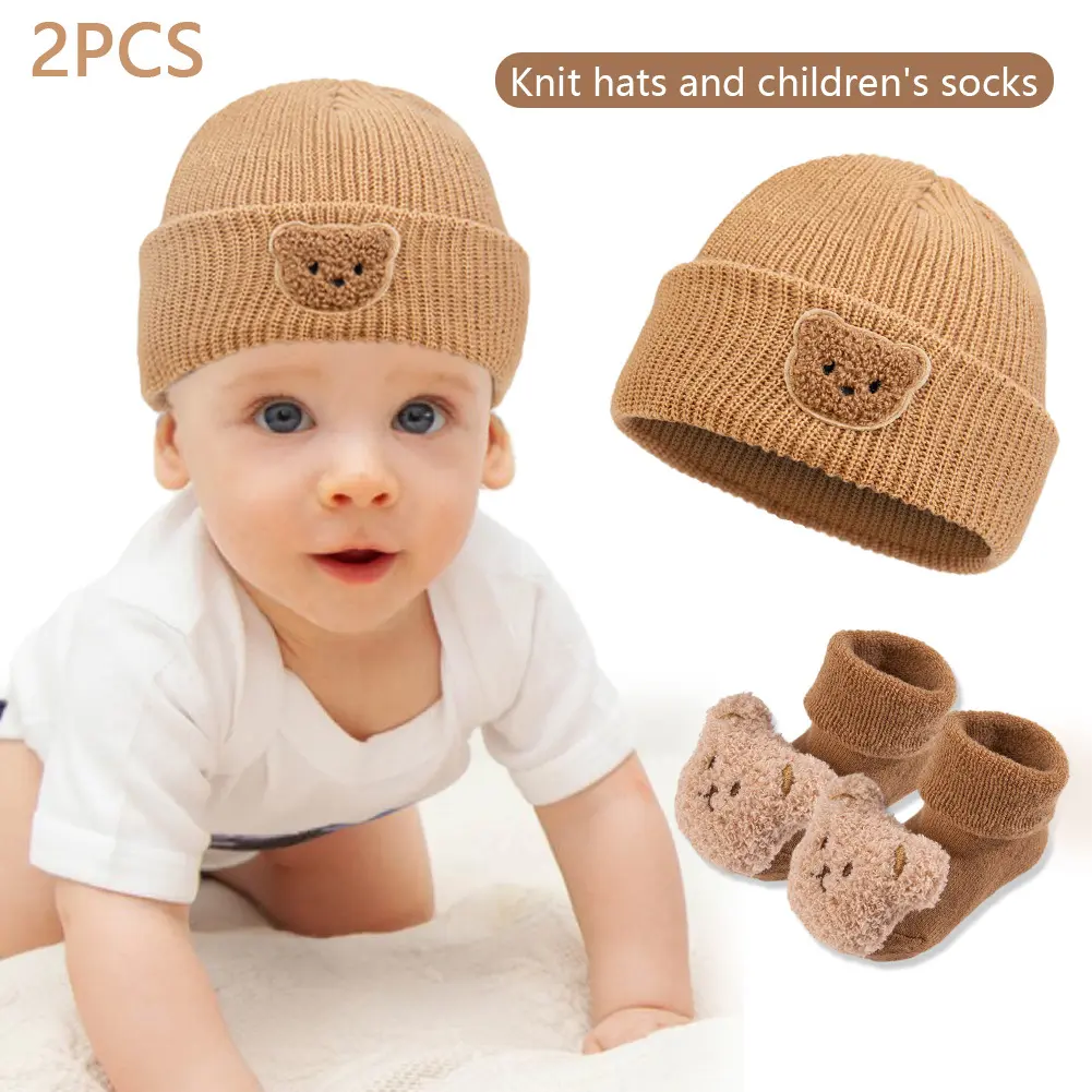 New Baby Knitted Hat & Socks Set, Bear Decor Pullover Knit Beanie, Warm Yarn Infant Hat Socks Combo for Toddler Daily Warm‑Keeping Outfit