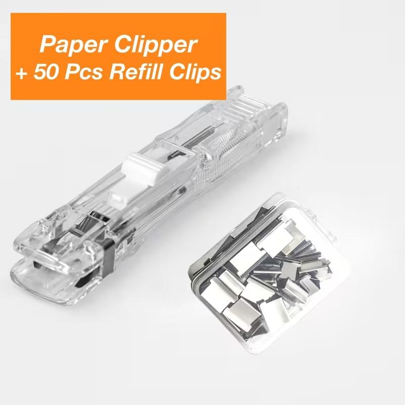 Bookbinding Machine Set with 50 Clips, Transparent Push Pin Binding Tool, No-Hole No-Nail Office Study Material Fastener