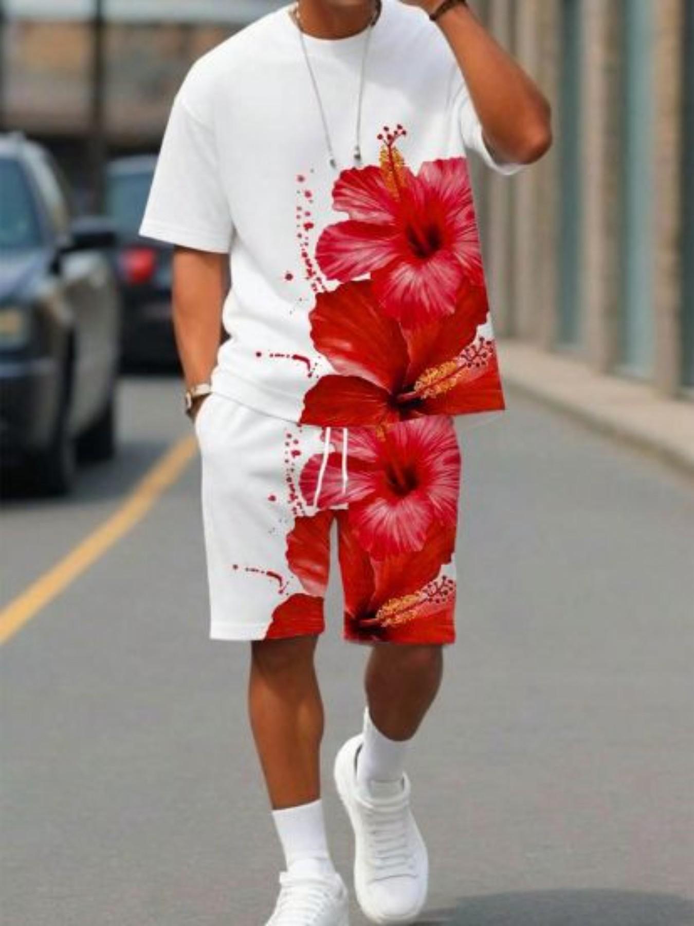 Summer Men's Outdoor Round Neck Short Sleeve T-Shirt and Shorts Set, Floral All over Print, Casual Fitted Style, 2-Piece