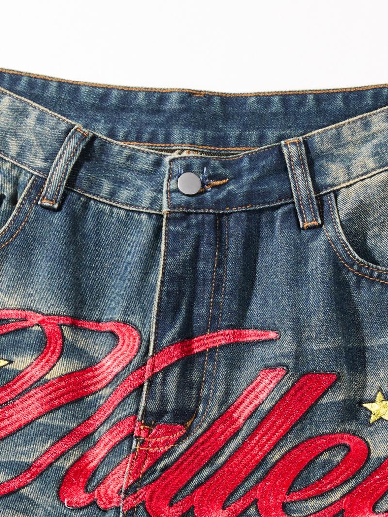 Men's American Vintage Washed Embroidered Jeans, Loose Straight Leg Pants, Trendy Embroidery Craft, Casual Versatile Gift Recommendation