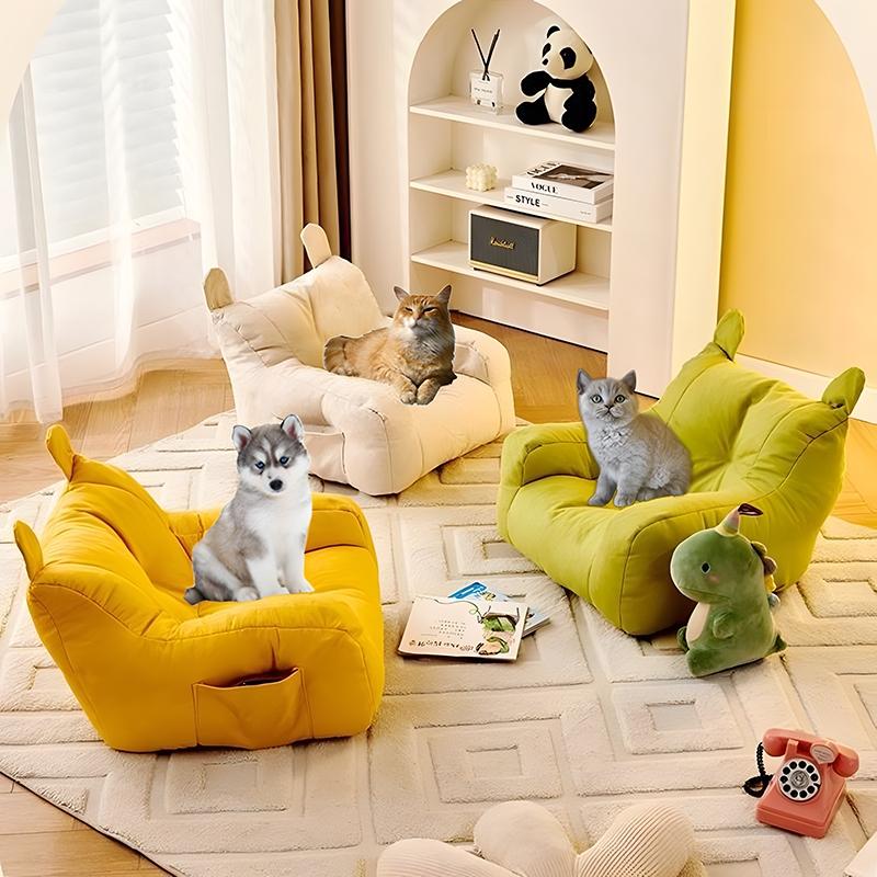 Pet Sofa Bed with Side Pockets, Adorable Cartoon Design, Detachable & Washable Furniture for Pets, Reusable Dog Cat Lounger, Shaped Beds