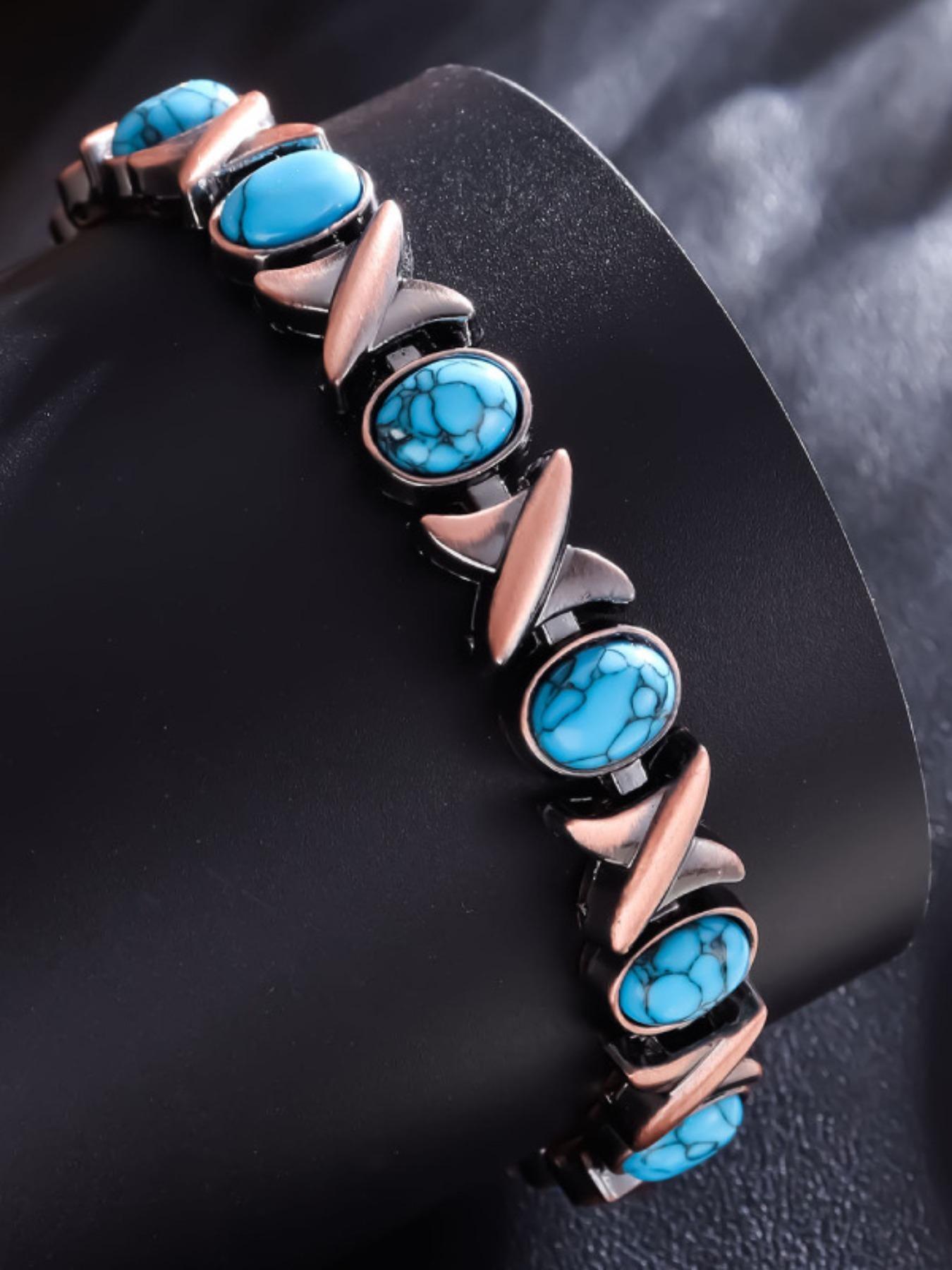Vintage Magnetic Therapy Bracelet for Women, Couple Sleep Aid Wristband, Solid Copper, Multicolor Stones, Fashion Retro Jewelry