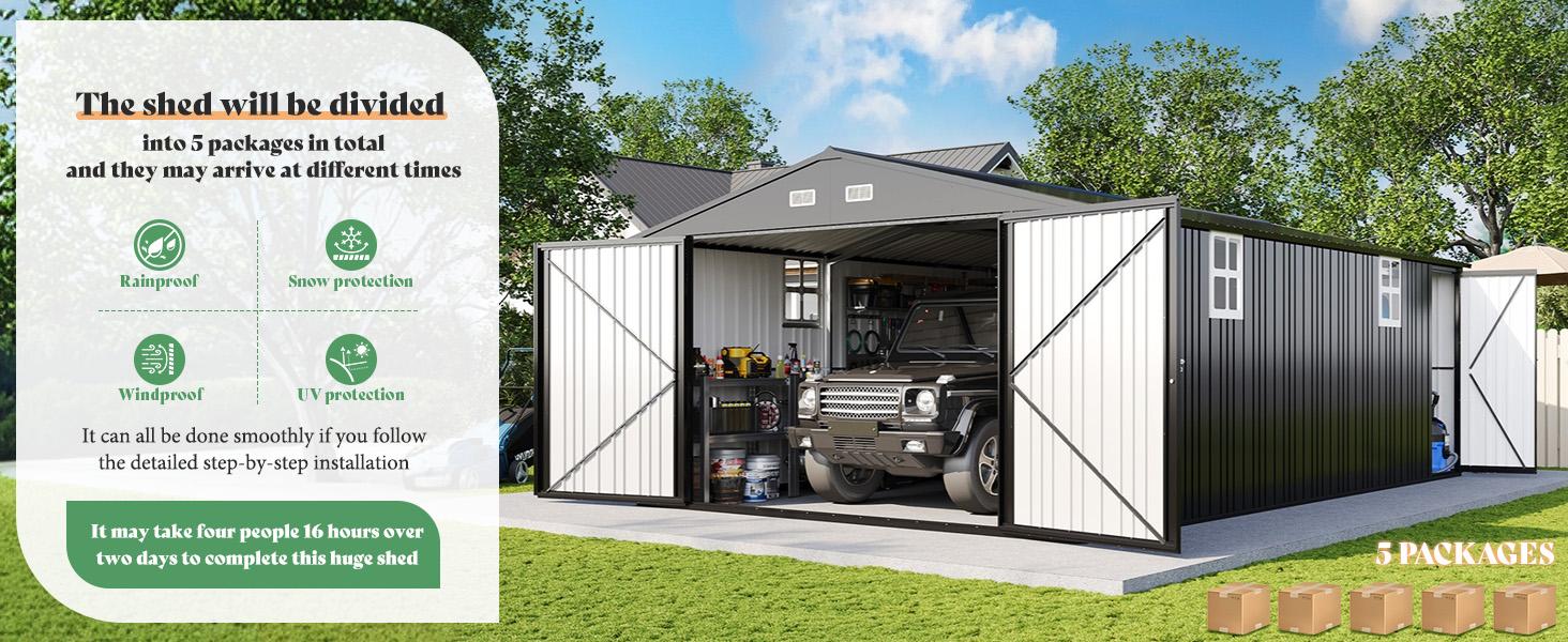 [Spring Sale] VanAcc 13.2x21x8 FT Outdoor Storage Shed, Huge Metal Garage Shed with 2 Double Hinged Doors and 4 Windows, Carport for Car, Truck, Bike, Garbage Can and Lawnmower, Dark Grey