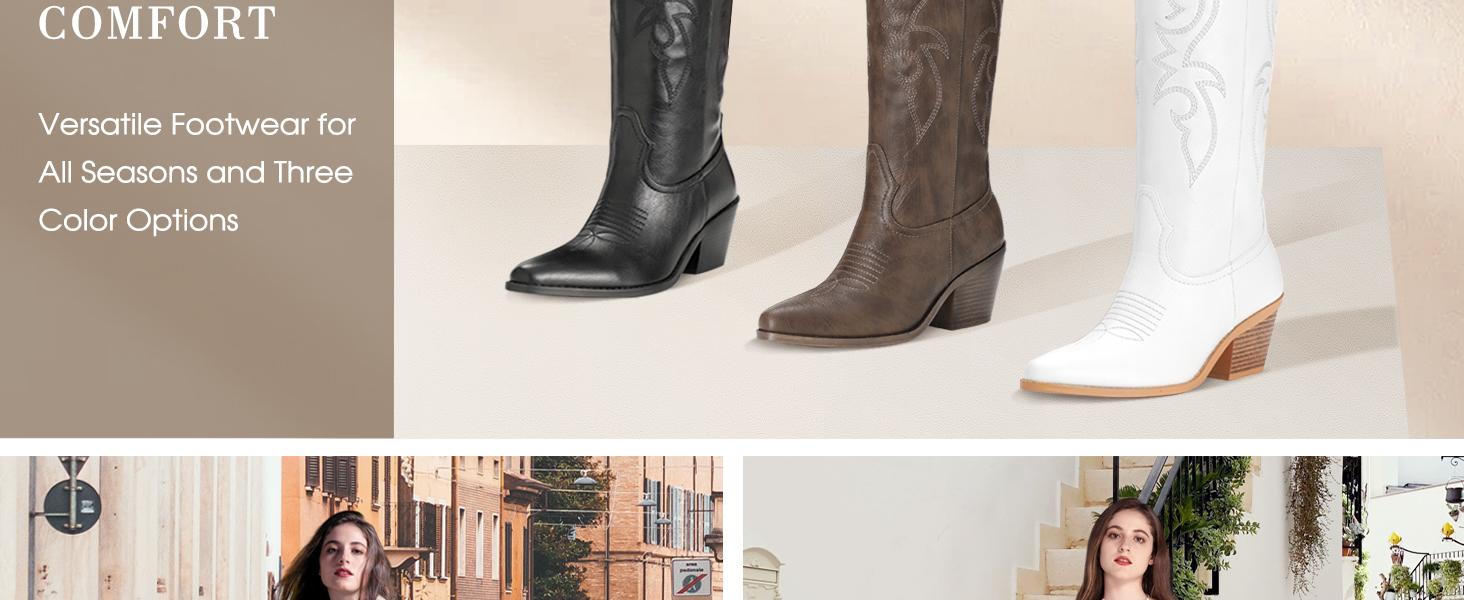 Cowboy Boots for Women - Wide Calf Cowgirl Boots, Women Knee High Western Boots, Ladies Tall Boots with Classic Embroidery and Side Zipper, Retro Classic Country Boots Pull On for Ladies
