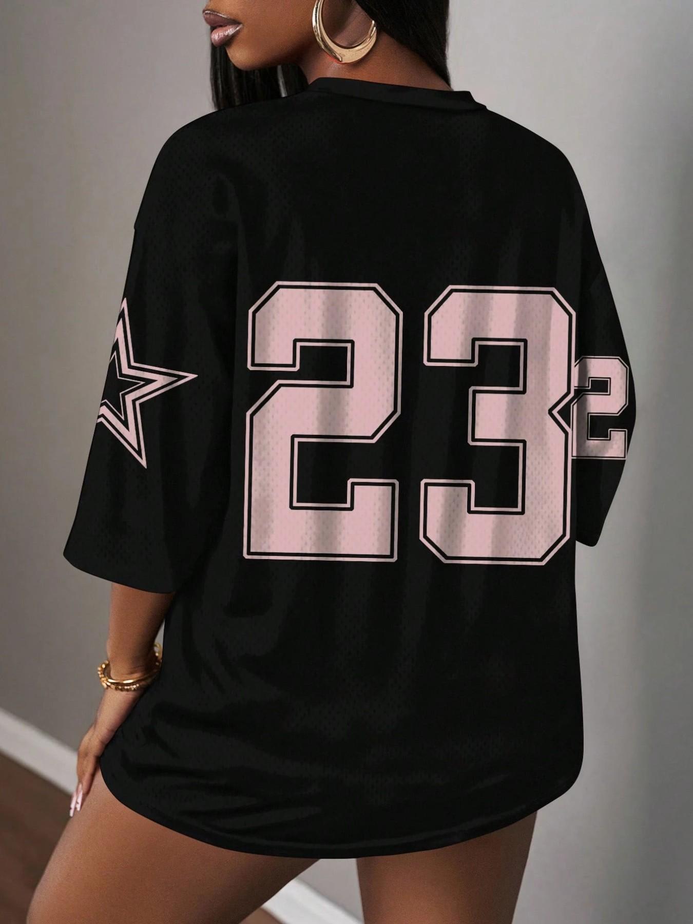 Y2K 23 Number Print Mesh V-Neck T-Shirt, American Retro Style, Breathable Sport Top, Multiple Colors Available, Loose-Fitting, All Seasons