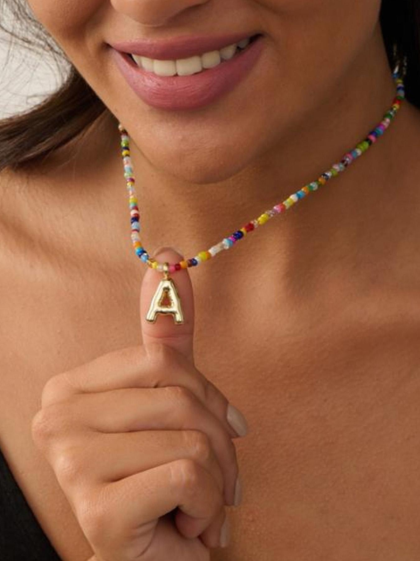 Women's colorful letter necklace, bubble-shaped initial necklace, handmade beaded necklace, exquisite and cute beach Bohemian style necklace, Mother's Day gift, back-to-school season necklace gift, Teacher's Day necklace gift