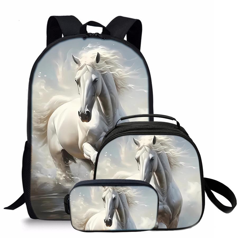 Horse pattern printed 17-inch backpack three-piece set (single-layer backpack + round lunch bag with shoulder strap + single-layer pencil case)