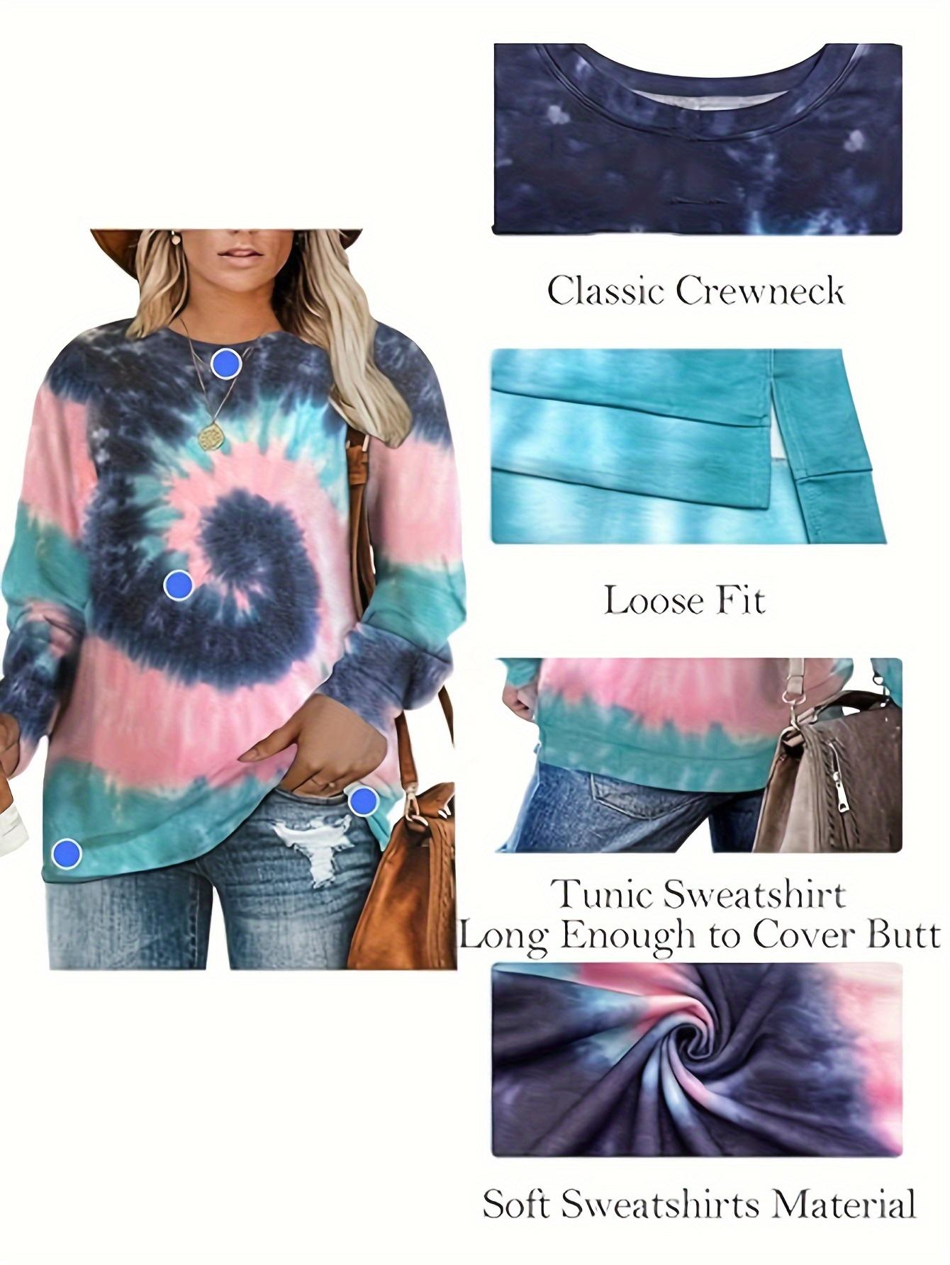 Plus Size Women's Tie Dye Long Sleeve Pullover T-Shirt, Fall/winter Vibrant Print, Round Neck, Polyester Blend