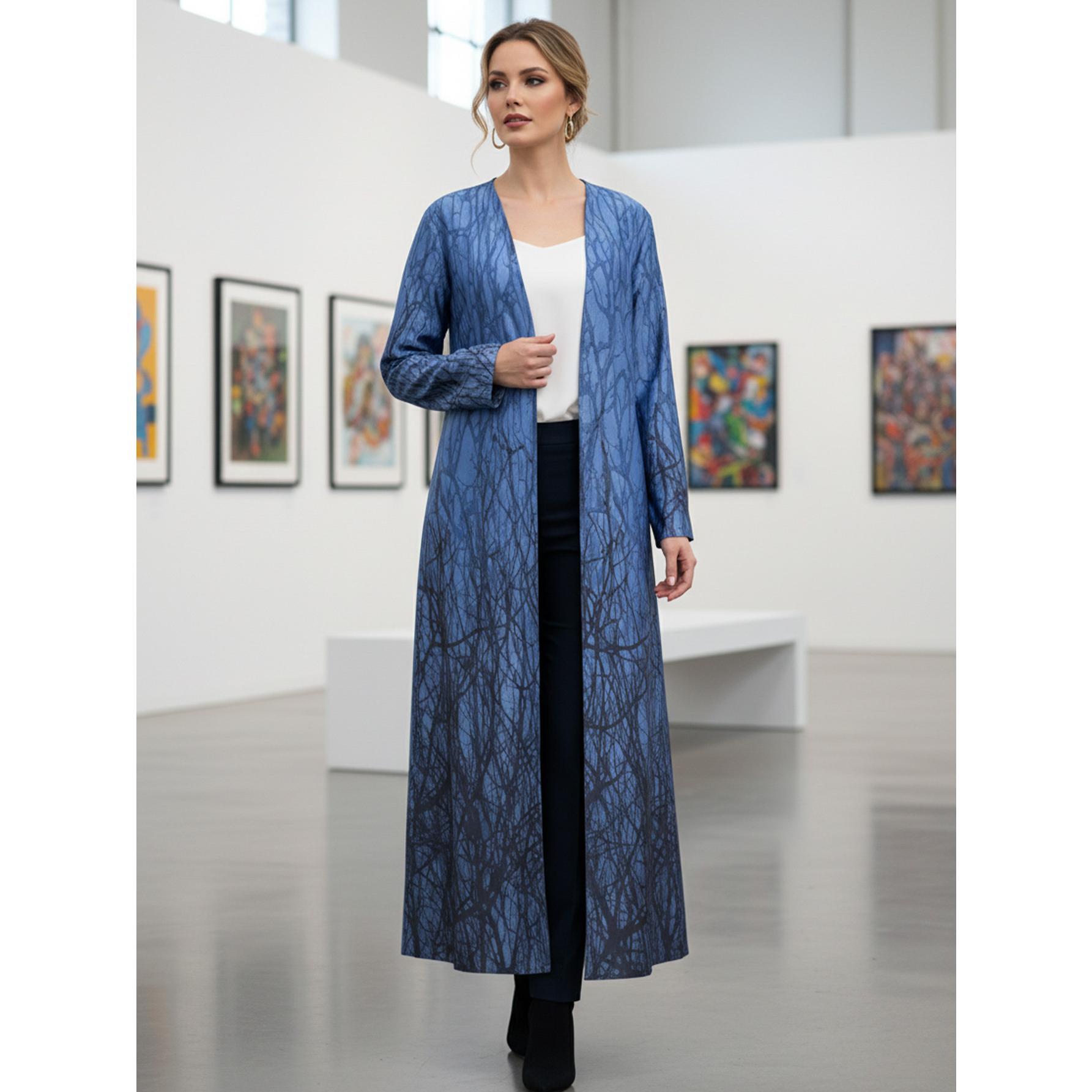 Midnight Forest Print Open Abaya Artistic Blue Kimono Cardigan | One Size Fits Most S-2XL | Perfect for Beach Resort, Art Gallery & Summer Evenings
