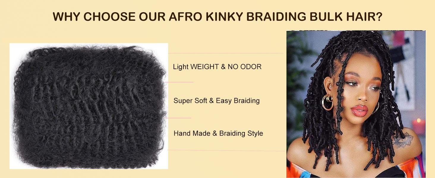 YUFEIHE Afro Kinky Bulk 100 ％ Human Hair for Draedlock Extensions, Repair Locs, Twists and Braids 3 Bundles/Package (1B - Natural Black)