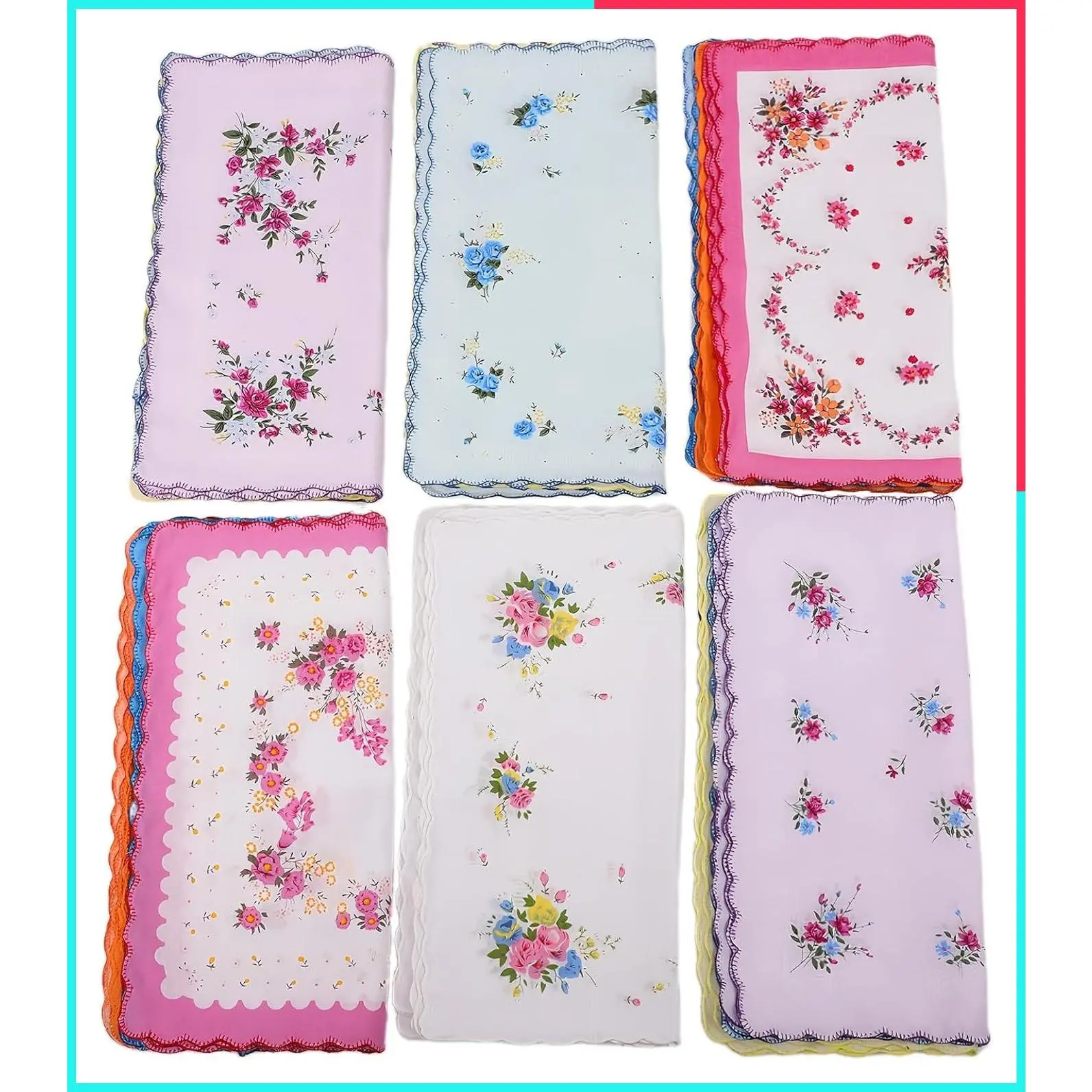 Soft Cotton Handkerchiefs for Women - Vintage Floral Hankies, 6 Designs 12" for Tea Party Favors & Wedding Decorations