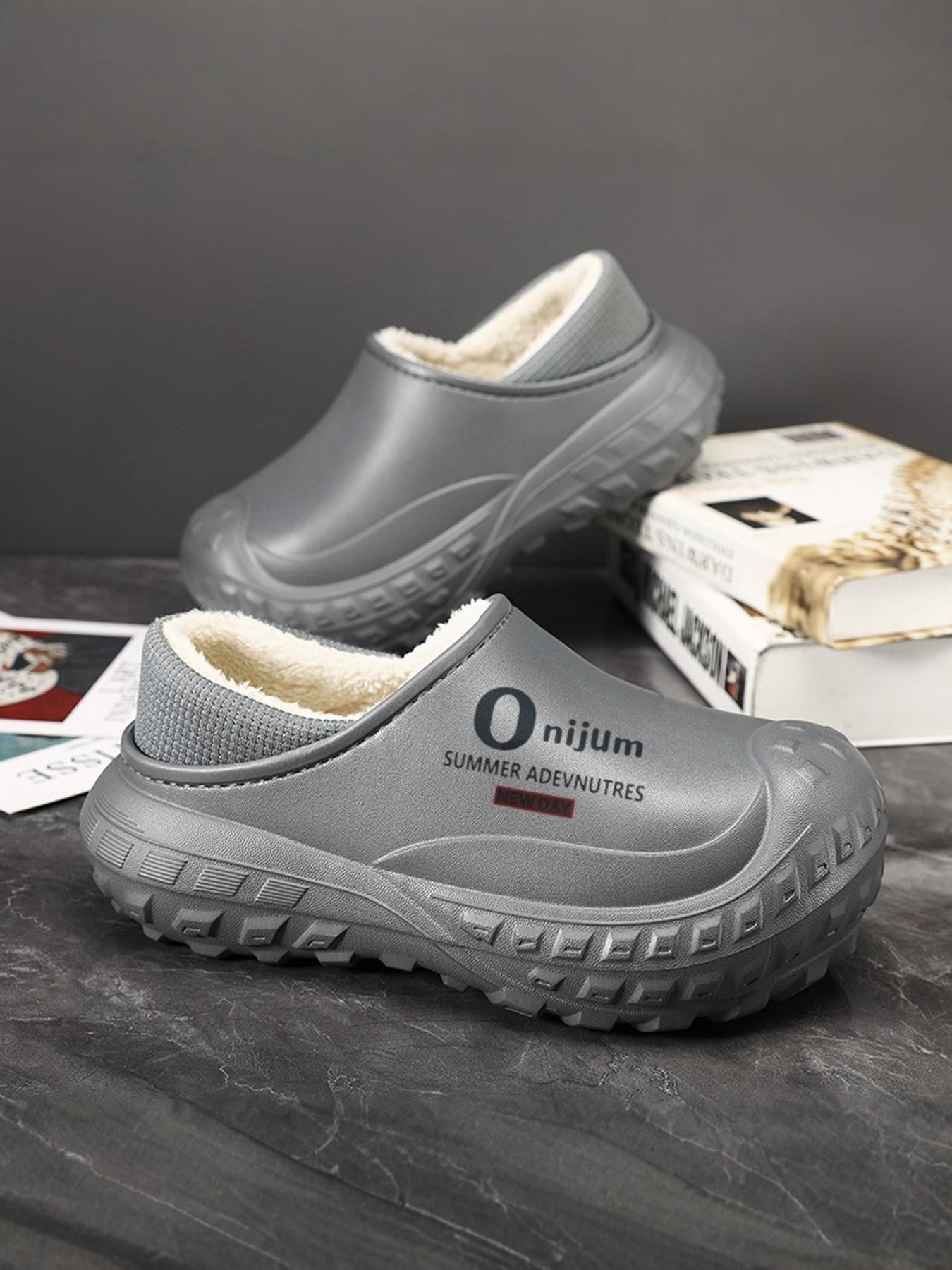 Men's Letter Pattern Waterproof Plush Lining Slippers, Casual Comfortable Home Slippers, Warm Slippers for Indoor & Outdoor Use for Fall & Winter, Lined Slippers