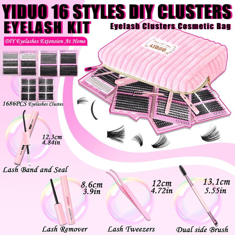 6 Styles Lash Clusters Kit Makeup Bag Kit 1868pcs Large Capacity Eyelash Extensions Volume/Mega/Full/Spikes/Bottom Lashes Clusters Kit Bulk Packs 5-20mm D Curl Wispy Individual Lash Clusters Kit with Bond&Seal DIY at Home Easily gifts DIY Eyelashes Kit