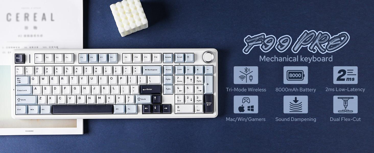 (NEW)Aula F99 Pro Mechanical Keyboard, Hot Swappable Custom Gaming Keyboard, Tri-Mode BT5.0/2.4GHz/USB-C Creamy RGB Keyboard with Numpad PBT Keycaps Multifunction Knob for MAC PC Gamer - Blue