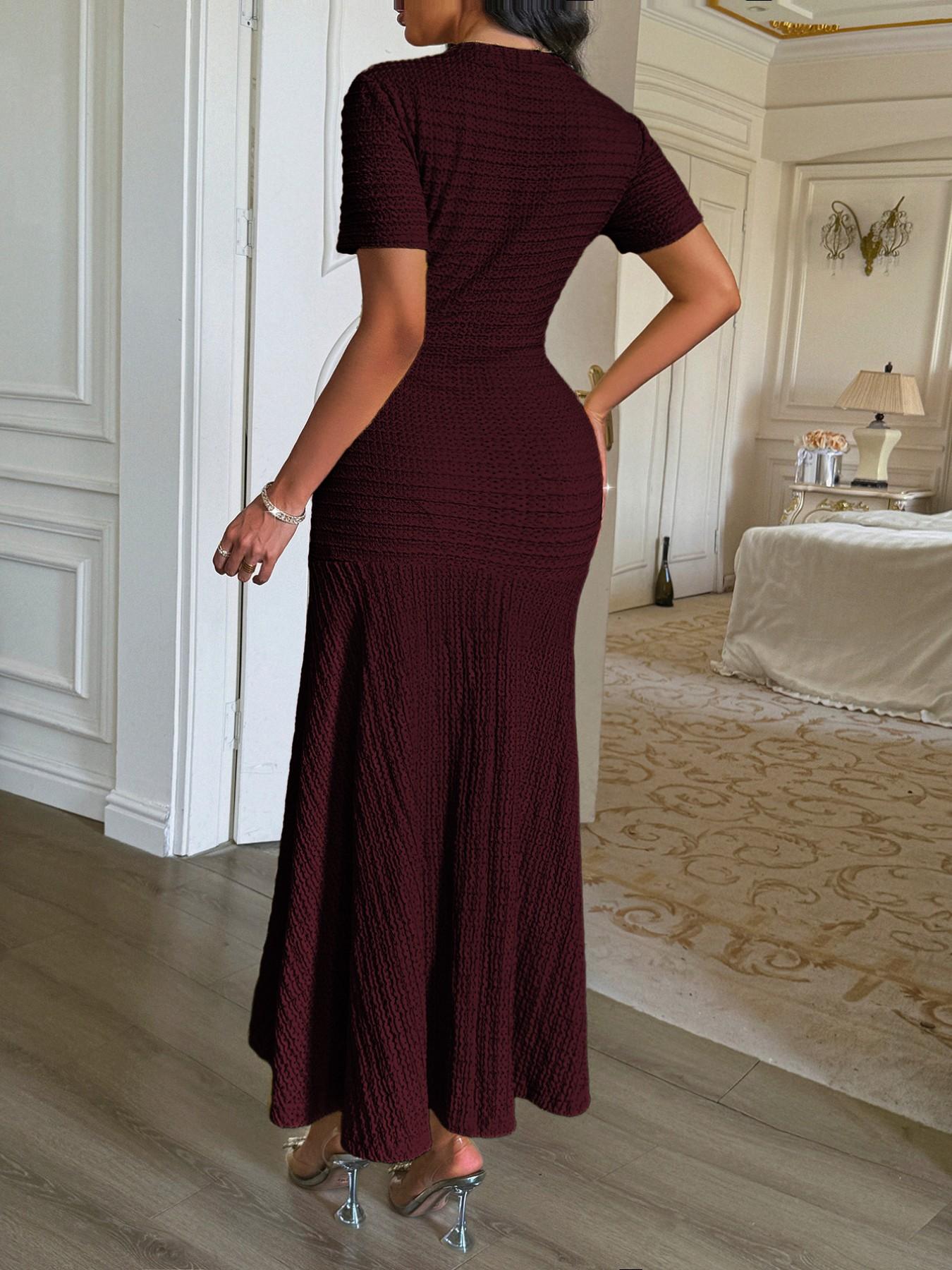 Pure Color Casual Button Decor Long Dress, Fitted Short Sleeve Plain Design, Women's Fashionable Long Gown for Everyday Wear