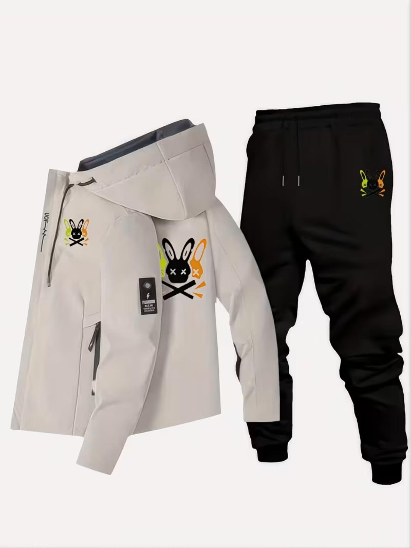 Men's Casual Rabbit Print Outdoor Jacket Set, Camping Hiking Fitness Daily Commute Breathable Durable Mountain Wear