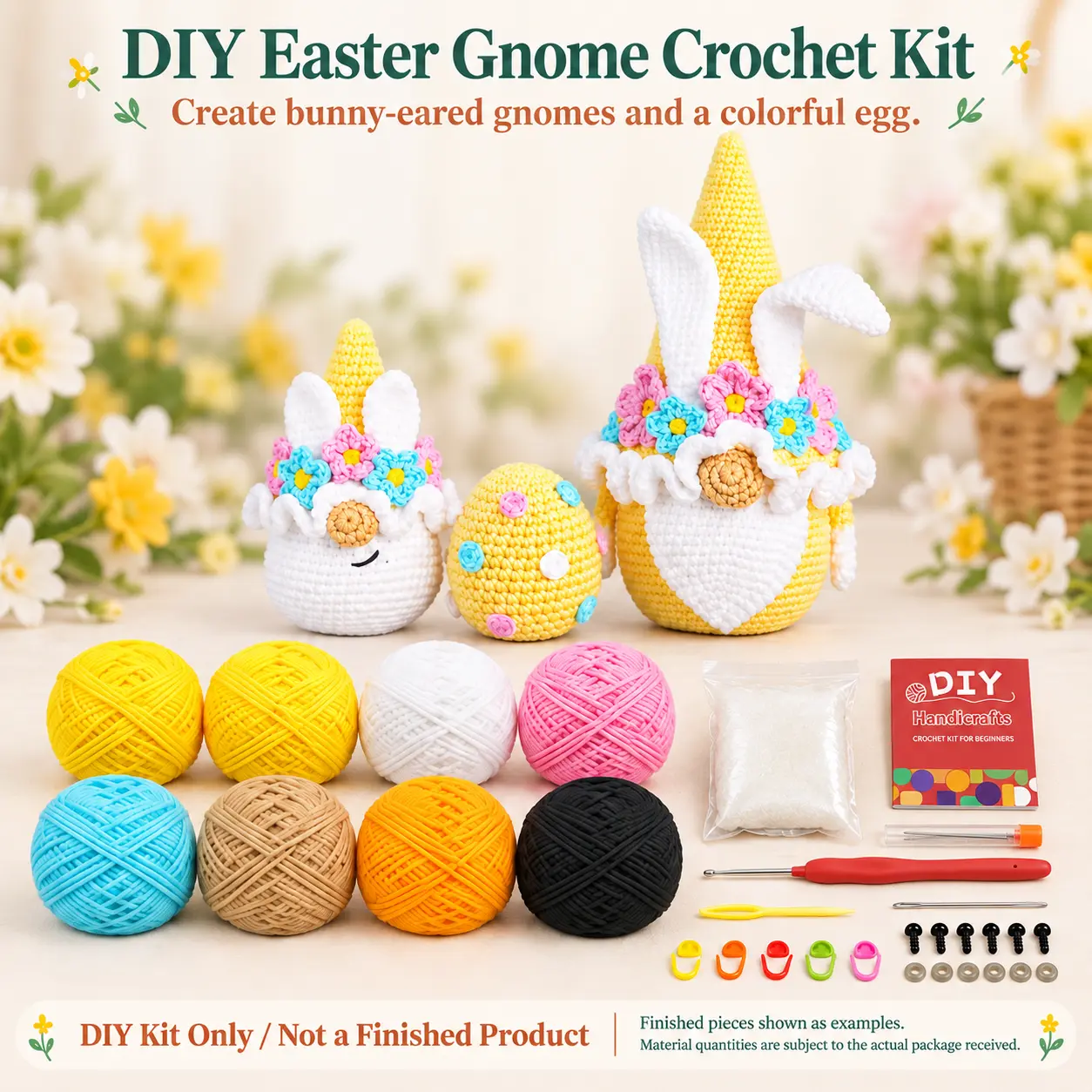 DIY Easter Gnome Crochet Kit for Adults, Bunny Ear Gnomes and Decorated Egg Amigurumi Craft Kit with Yarn, Crochet Hook, Needles, Stitch Markers, Stuffing and Instructions, Make Your Own Spring Decor, Fun Easter Craft Project, Gift for Crochet Lovers