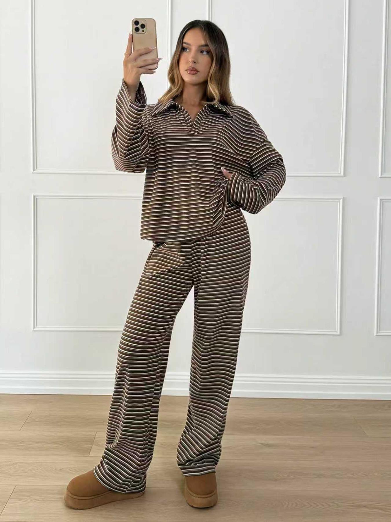 Korean Lazy Style Striped Two-Piece Set for Women, Turn-Down Collar V Neck Loose Bell Sleeve Top + High-Waisted Wide Leg Pants, Casual Home Wear Loungewear Set