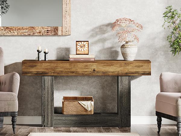 LITTLE TREE 63-Inch Long Console Table, 2-Tier Entryway Table Sofa Table with Storage, Farmhouse Wood Behind Couch Tables for Living Room, Hallway, Rustic Brown & Gray