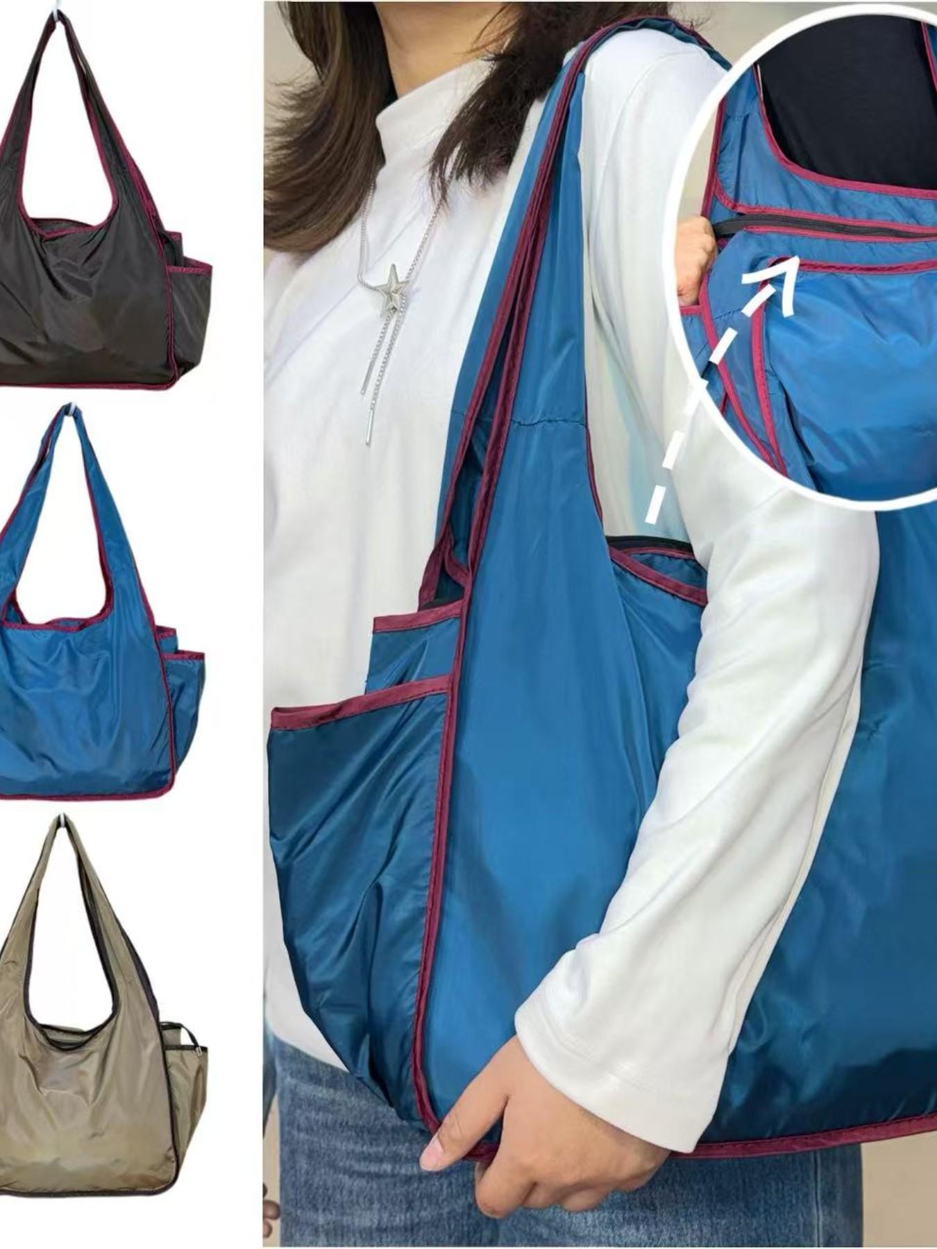 Foldable Nylon Tote Bag with Dual Pockets, Waterproof Soft Shoulder Bag for Women, Lightweight Shopping Bag, Large Capacity Daily Use, Multiple Colors Available