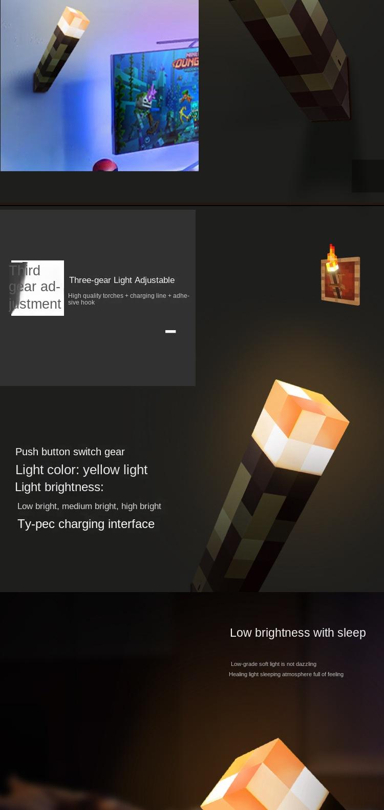 Upgraded Light-up Wall Torch - Pixel Brownstone Torch Lamp - USB Pluggable Night Lamp - Hand Held or Wall Mount Lighting Torch