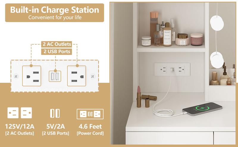 Vabches Vanity Desk with Mirror and Lights,Makeup Vanity with 2 Drawers Lots Storage,Vanity Table with Lighted Mirror,3 Lighting Colors, Brightness Adjustable,35in(L) Vabches Vanity Desk with Mirror and Lights,Makeup Vanity with 2 Drawers Lots Storage,Vanity Table with Lighted Mirror,3 Lighting Colors, Brightness Adjustable,35in(L)