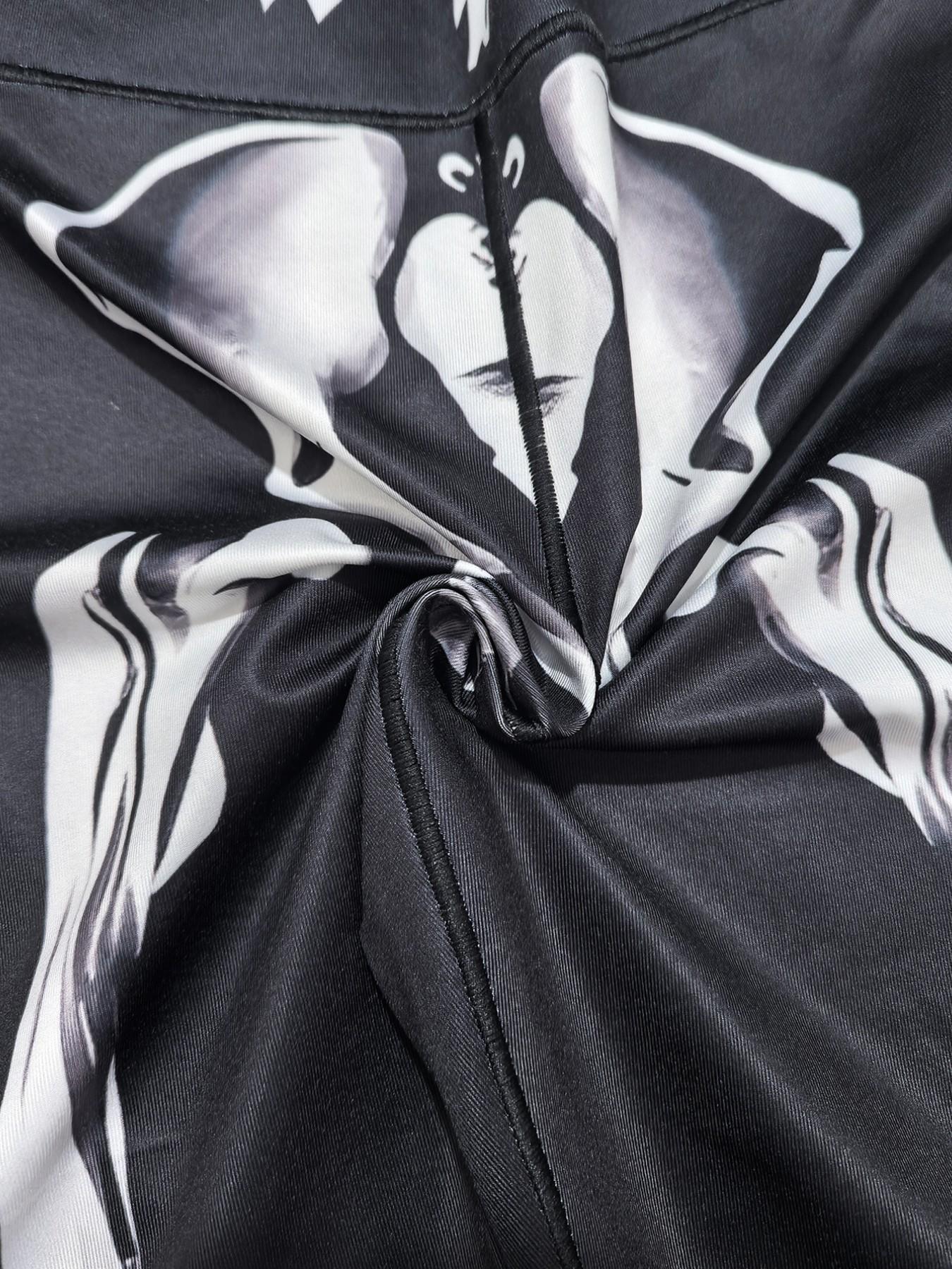 Women's Fashion Sportswear High-Waisted Skull Letter Print Yoga Pants, High Stretch Abdominal Support Gym Fitness Leggings