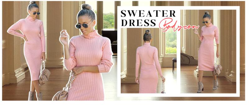MEROKEETY Women's Long Sleeve Sweater Dress 2025 High Neck Slim Fit Ribbed Knit Midi Winter Dresses