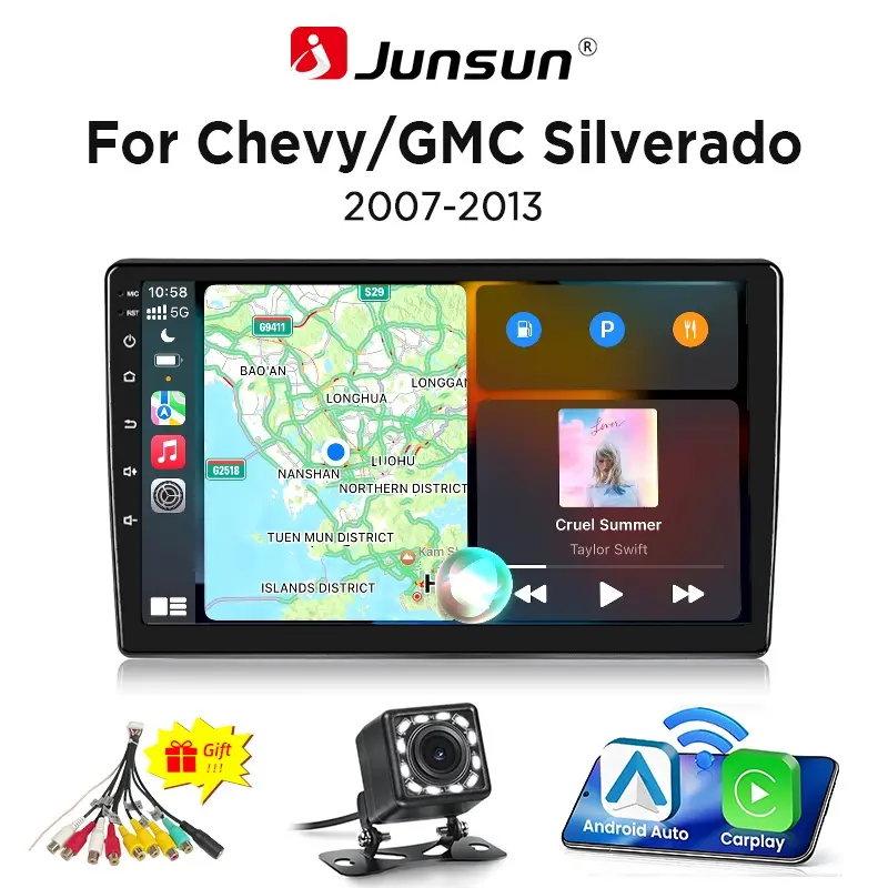 Junsun 10 Inch HD Touchscreen Android 13 Car Radio Head Unit for Chevy Silverado, Tahoe, Equinox & GMC Sierra 2007-2012, 2GB RAM+32GB ROM, Wireless CarPlay & Android Auto, GPS Navigation, WiFi, DSP Sound Boost, No CD Player, In-Car Multimedia Stereo Playe