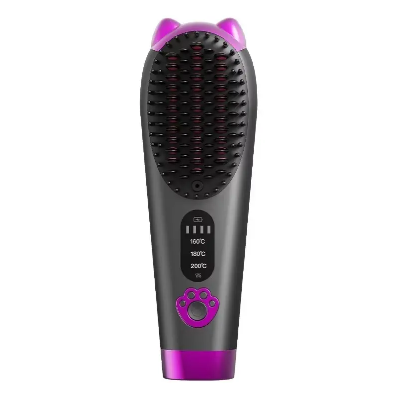 Cordless Negative Ion Hair Straightener Brush, Portable Lightweight 3 Temp Heat Straightening Comb, USB Rechargeable Cute Cat Hot Comb for Frizz-Free Styling