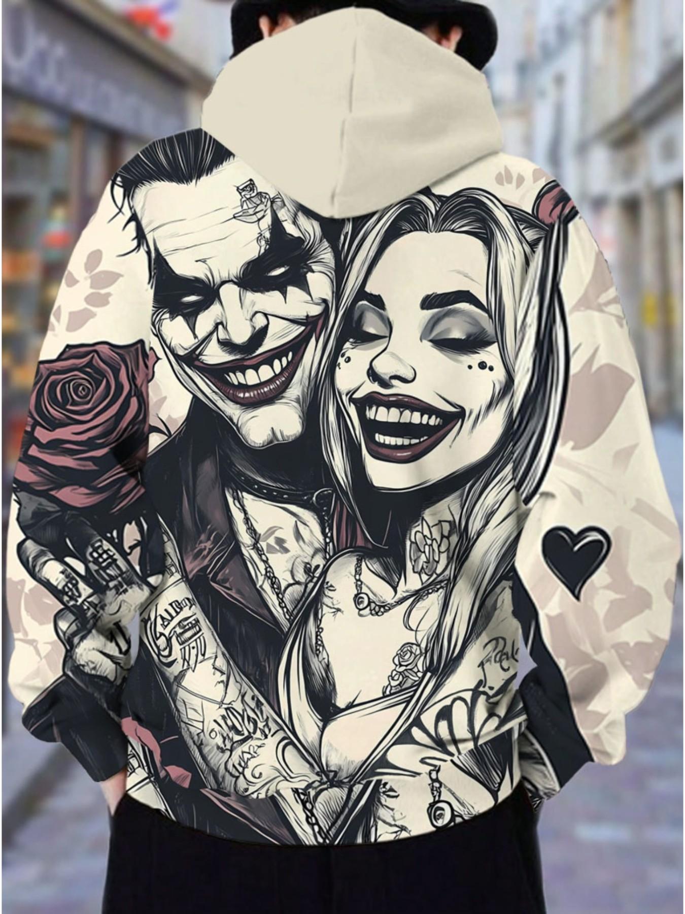 Men's Hooded Sweatshirt, Warner Collaboration, Joker Harley Quinn Print, Casual Fitted Sweatshirt, Fall Winter Fashion, Graphic Hooded Sweatshirt