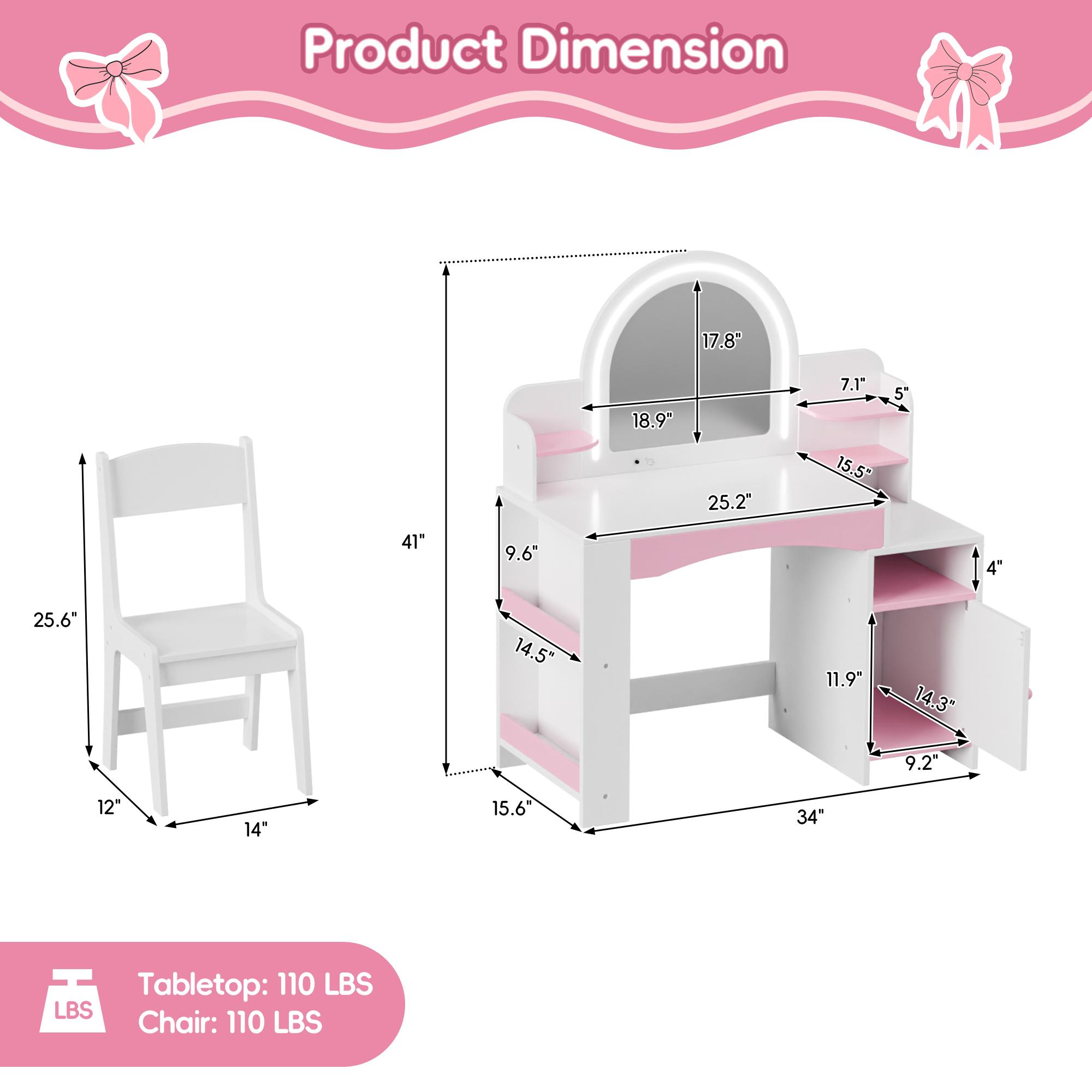 Topwin Modern Pink & White Vanity Desk Set with Lighted Mirror and Chair | Storage Shelves | Makeup Table with Drawer