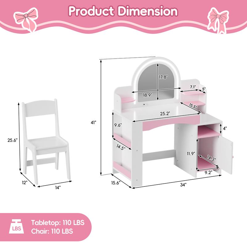 Topwin Modern Pink & White Vanity Desk Set with Lighted Mirror and Chair | Storage Shelves | Makeup Table with Drawer