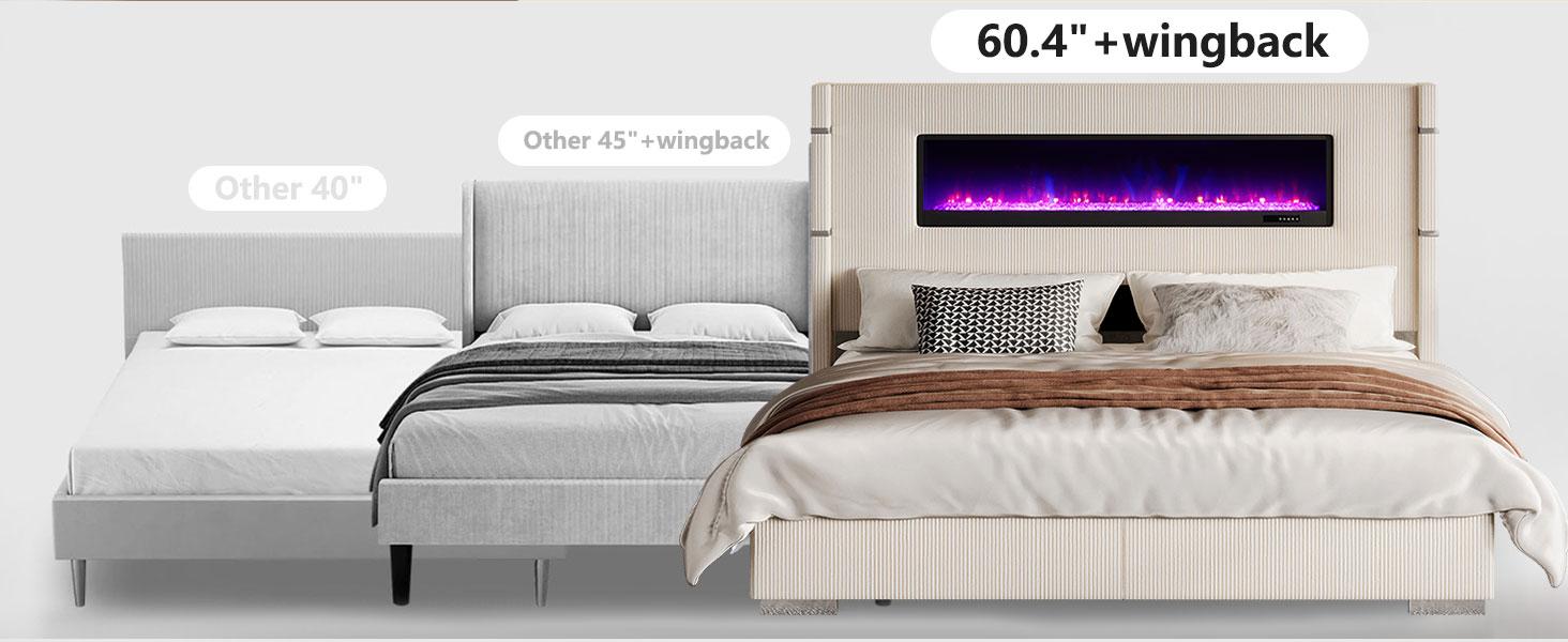 [Ships in 2 Boxes] VanAcc Modern Bed Frame with Electric Fireplace, Wingback Platform Bed Frame with 60.4“ Extra Tall Headboard, Corduroy Upholstered Bed Frame, Wooden Slats, No Box Spring Needed, Adjustable Color, Remote Control