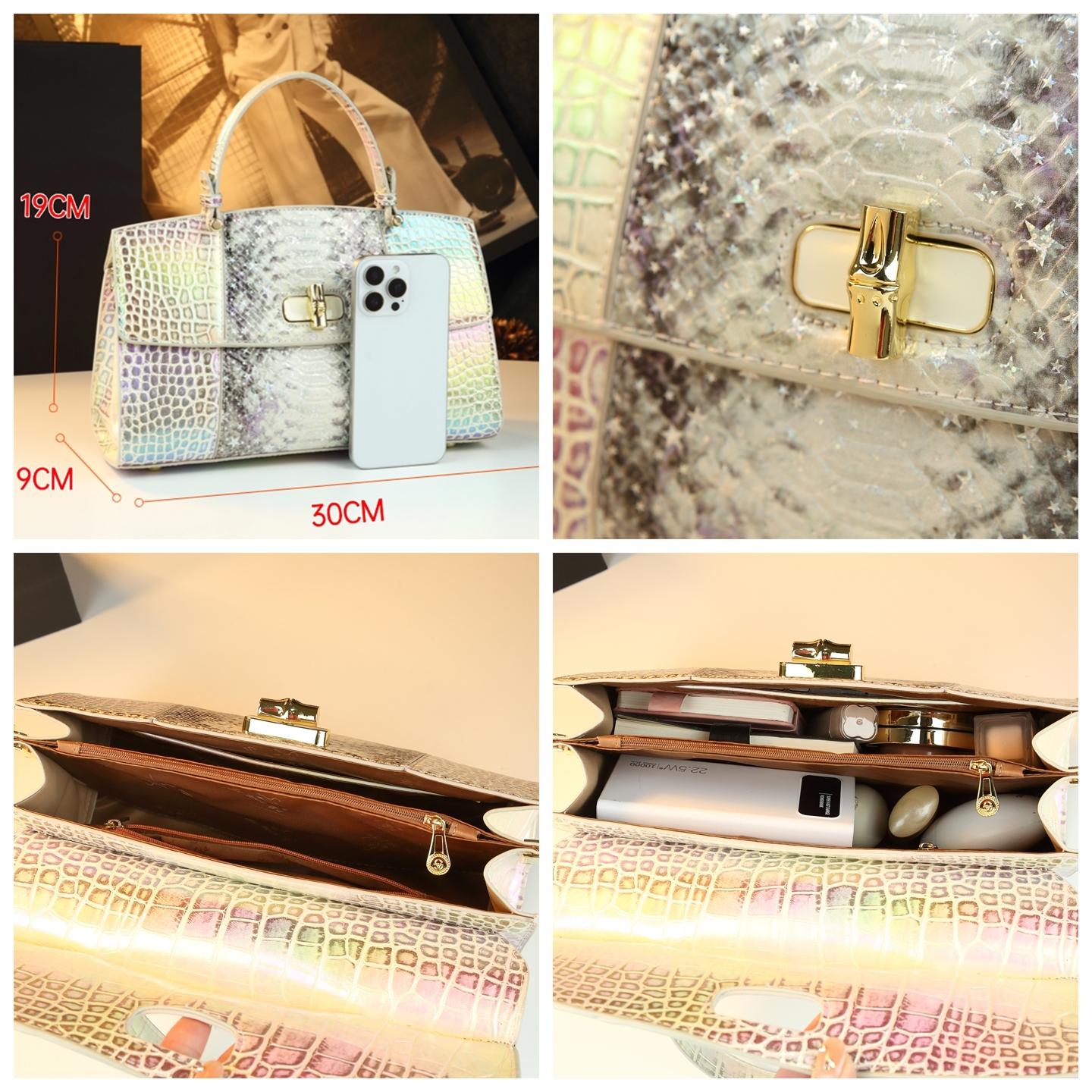 Vibrant Snake Print Crocodile Pattern Handbag, Luxurious Single Shoulder Bag, High-End Commuter Crossbody Bag, Versatile Locking Female Bag