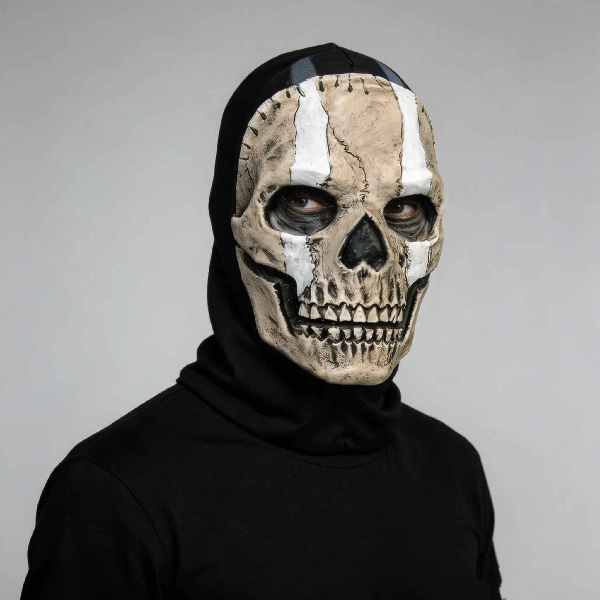 Tactical Skull Full-Face Mask with Balaclava Hood, High-Quality Latex, Vivid Cracked Details, Ideal for Halloween Costume, Cosplay, Theme Parties