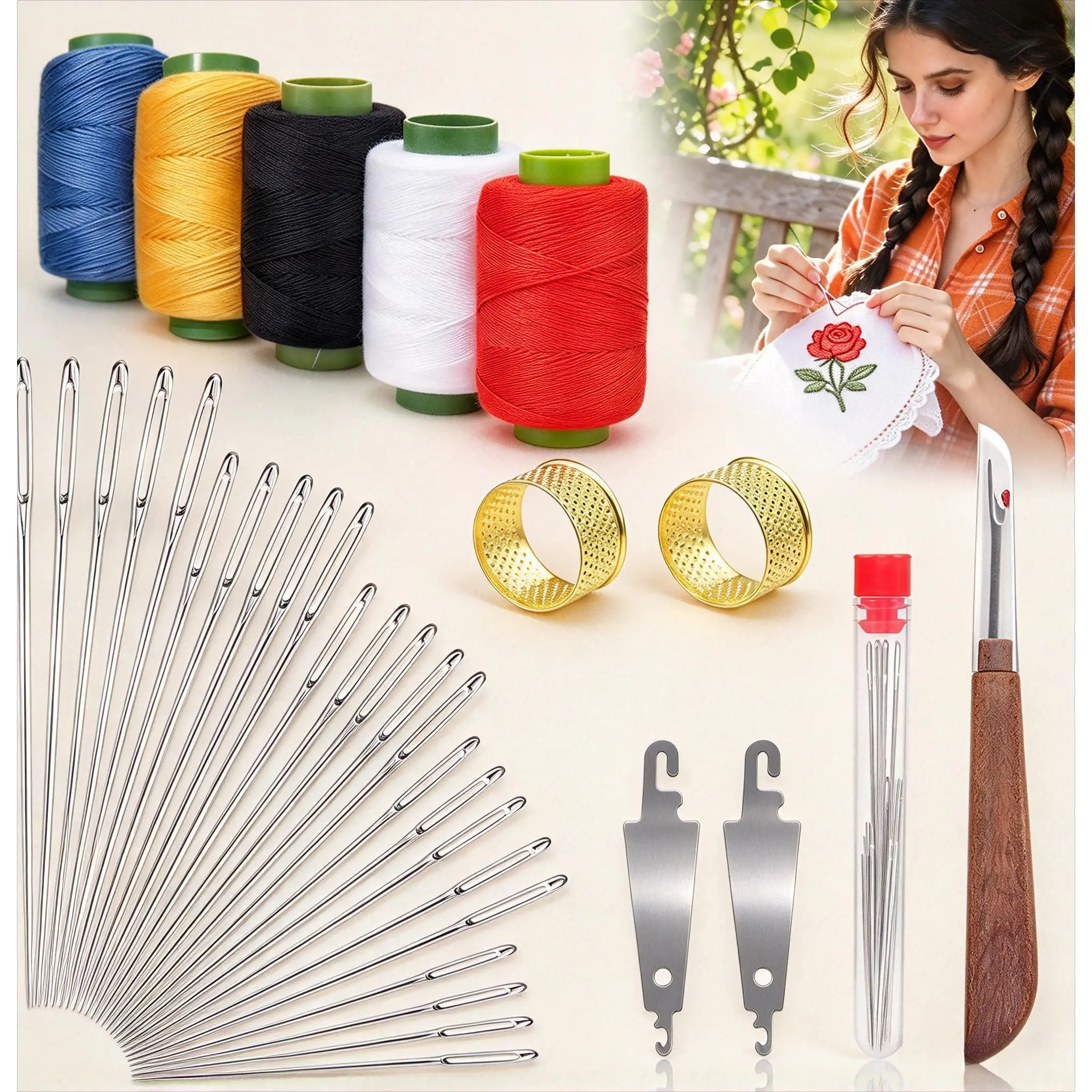 36Pcs Large Eye Stainless Steel Hand Sewing Needles & Thread Kit, with Needle Threader, Thimbles & Seam Ripper, Portable DIY Sewing Repair Set for Home Travel, Beginner & Elder Friendly