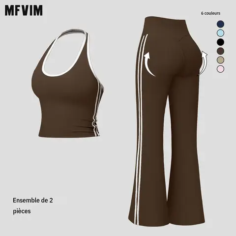 MFVIM Women’s Fitted Design Activewear 2-Piece Set - Breathable "Naked Feel" Wide-Neck Halter Crop Tank Top, Flattering Back, Tummy Control Slight Flared Yoga Bottoms, Gym Sets for Workout, Travel Essentials
