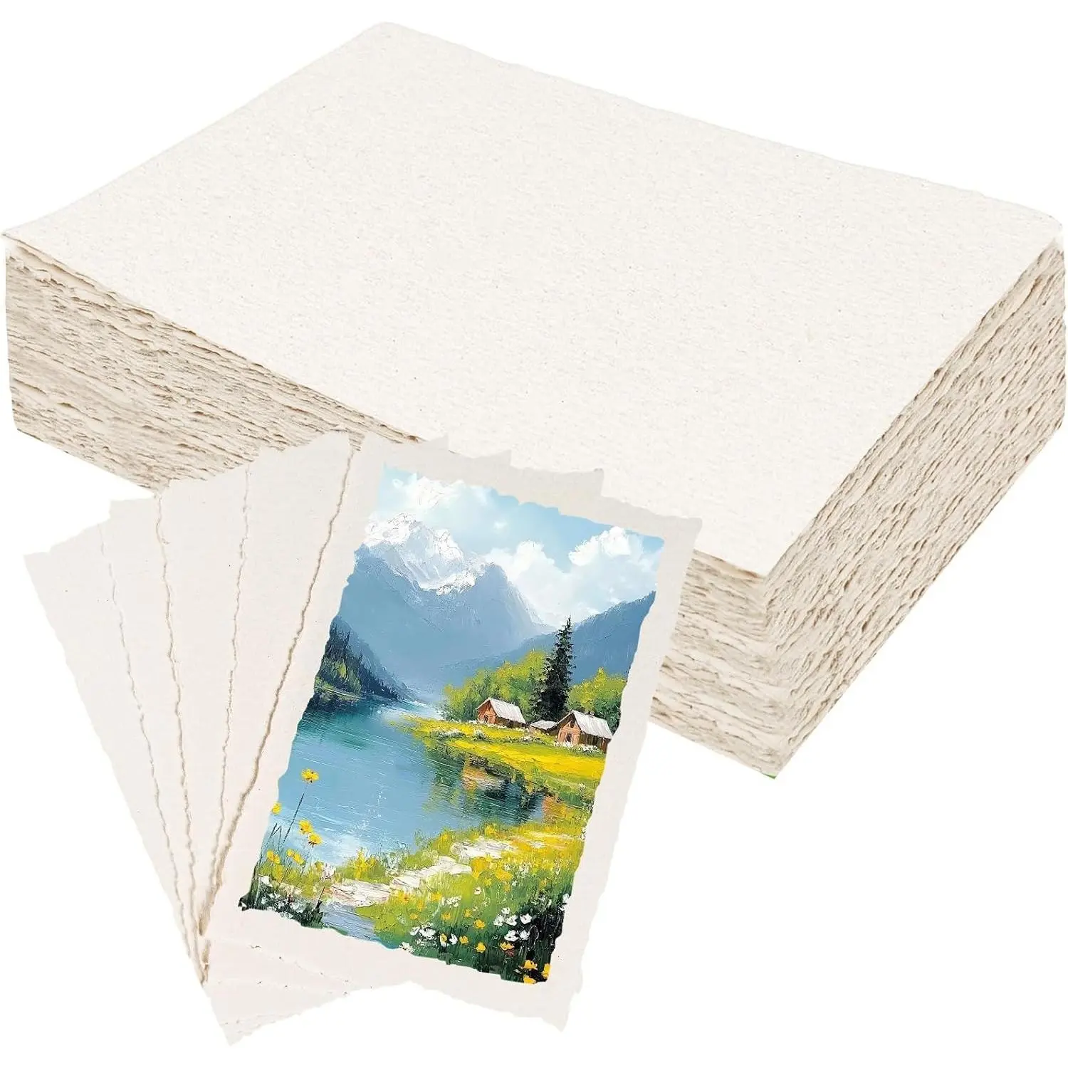 100 Sheets Deckled Edge Handmade Paper, 4” x 6” Rough Textured Watercolor Paper, 160 GSM, White, Cotton, Ideal for Wedding Birthday Invitations Greeting Cards DIY Crafts