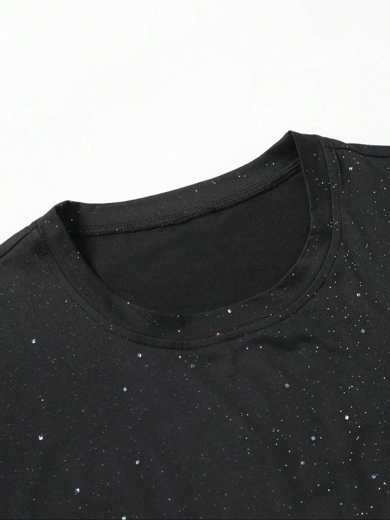 New Men's Short Sleeve T-Shirt, Fashion Starry Sky Reflective Craft, Letter Print Design, Sparkling Like Stars, Must-Have Casual