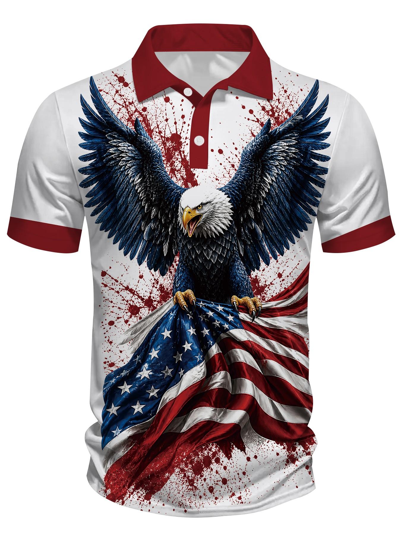 bald eagle and star-spangled banner printed, Graphic Polo Shirts, Loose Polo shirt, celebrating the 250th anniversary of the founding of America, 3D digital printed Polo top, sports men's Polo shirt, suitable for daily wear and an ideal festive gift