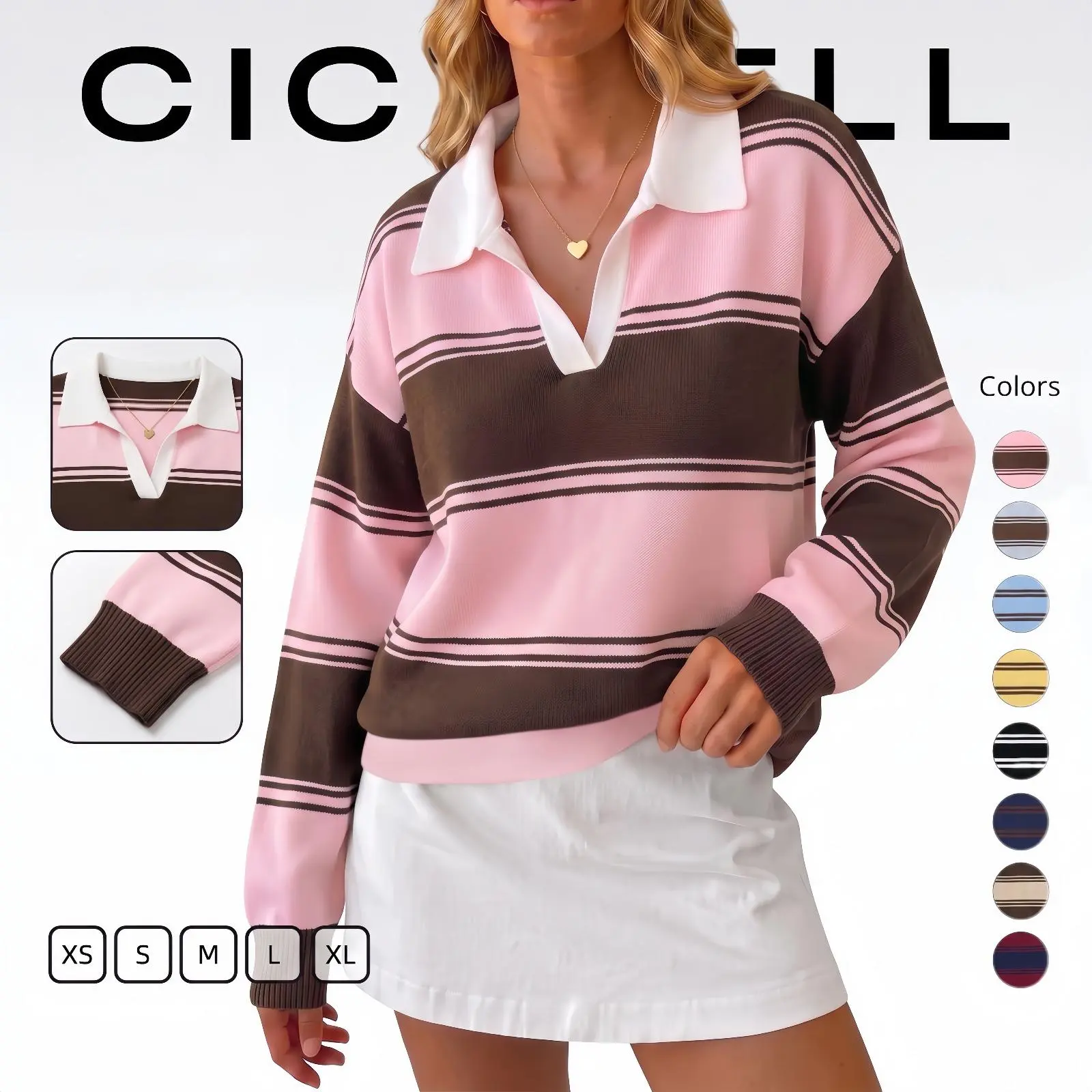 Cicy Bell Women Striped Sweater Polo V Neck Long Sleeve Pullover Knit Tops | Color Block, Trendy Casual, Loose Fit, Fall Winter, Warm Sweater, Collar Lapel Cicy Bell Women Striped Sweater Polo V Neck Long Sleeve Pullover Knit Tops | Color Block, Trendy Casual, Loose Fit, Fall Winter, Warm Sweater, Collar Lapel